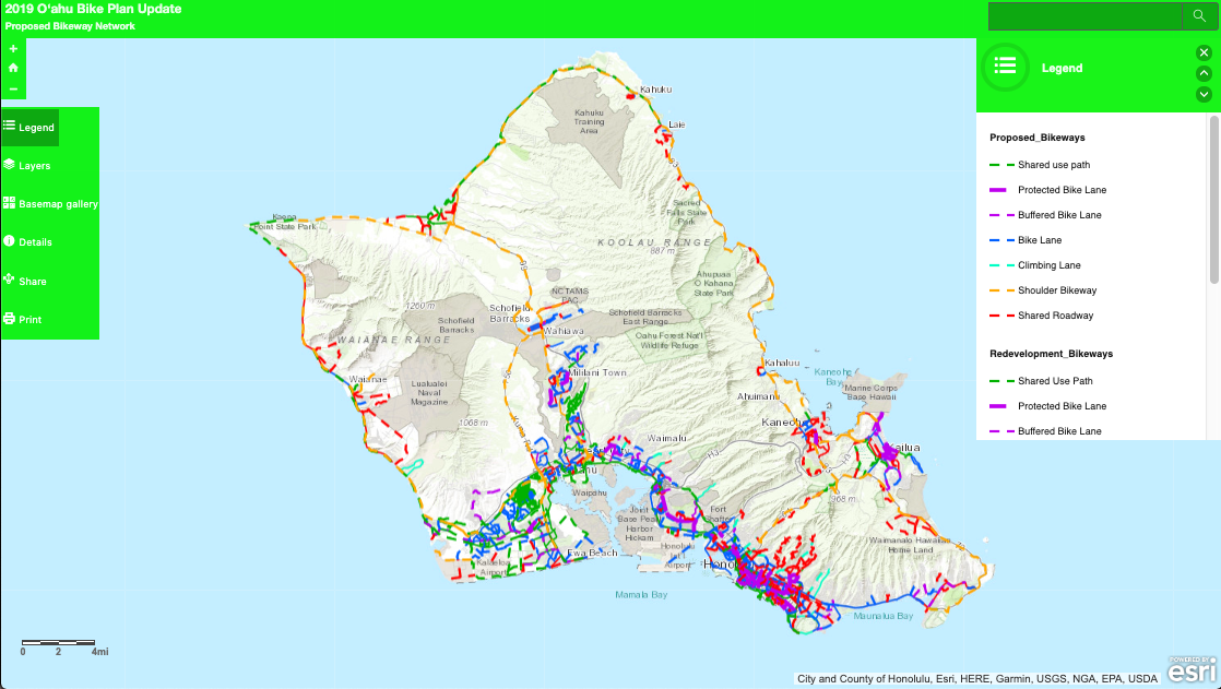 Screenshot of 2019 "O'ahu Bike Plan Update Proposed Bikeway Network" Interactive Map Website 
